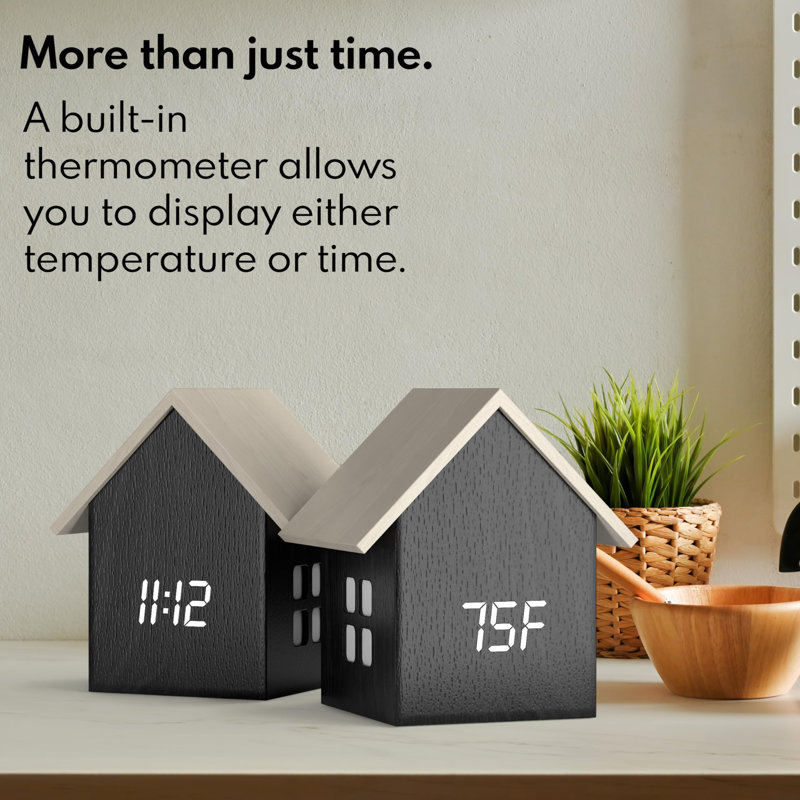 Digital House-Shaped Alarm Clock with Temperature Display & White LED Dimmer, Dark Wood/White