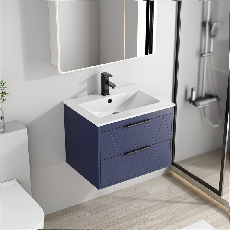 Sharee Wall Mounted Single Bathroom Vanity Set With Sink Top, Zinc Alloy Faucet And Drain, Floating Cabinet With Soft-close Drawers