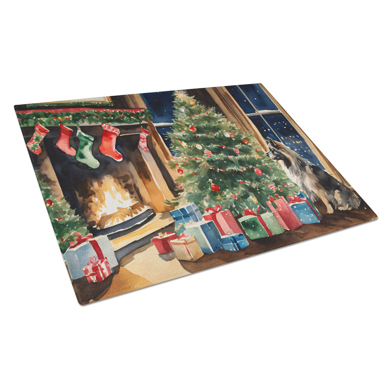 Grande planche à découper en verre Keeshond Cozy Christmas