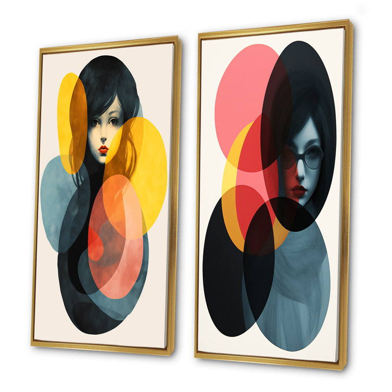 «Geometric Fusion Forms Woman Collage I», ensemble de 2 reproductions d'art sur toile, Cadre flottant doré, H 28 po x l 25 po
