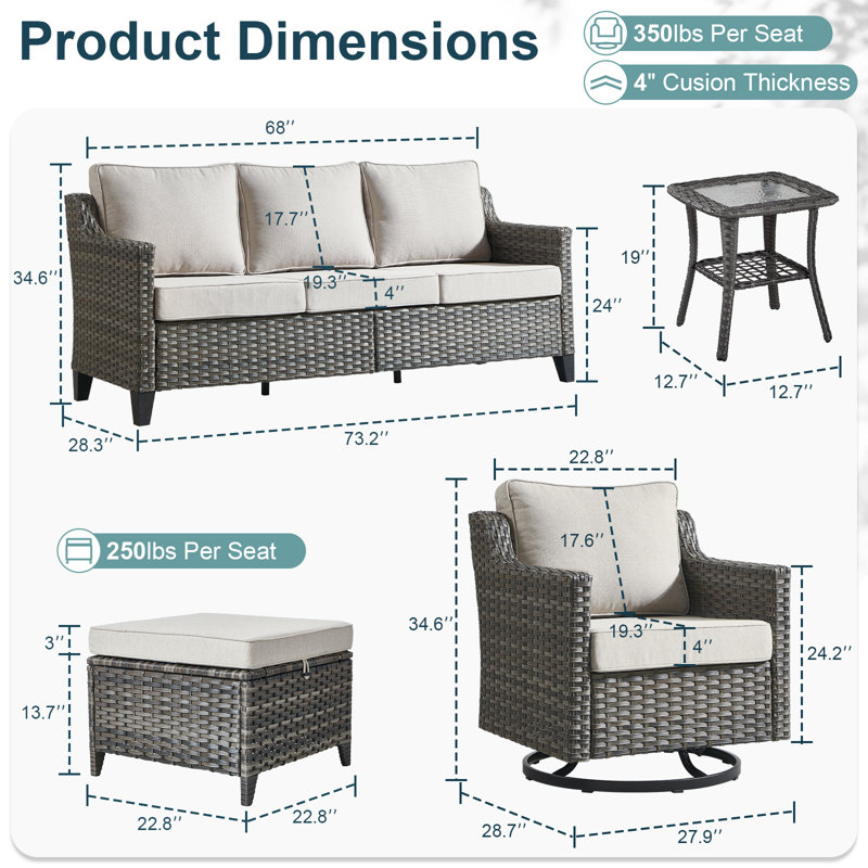 Arlene 8-Piece Outdoor Courtyard Wicker Sofa & Multi Rotating Chair Conversation Set With Side Table, Beige