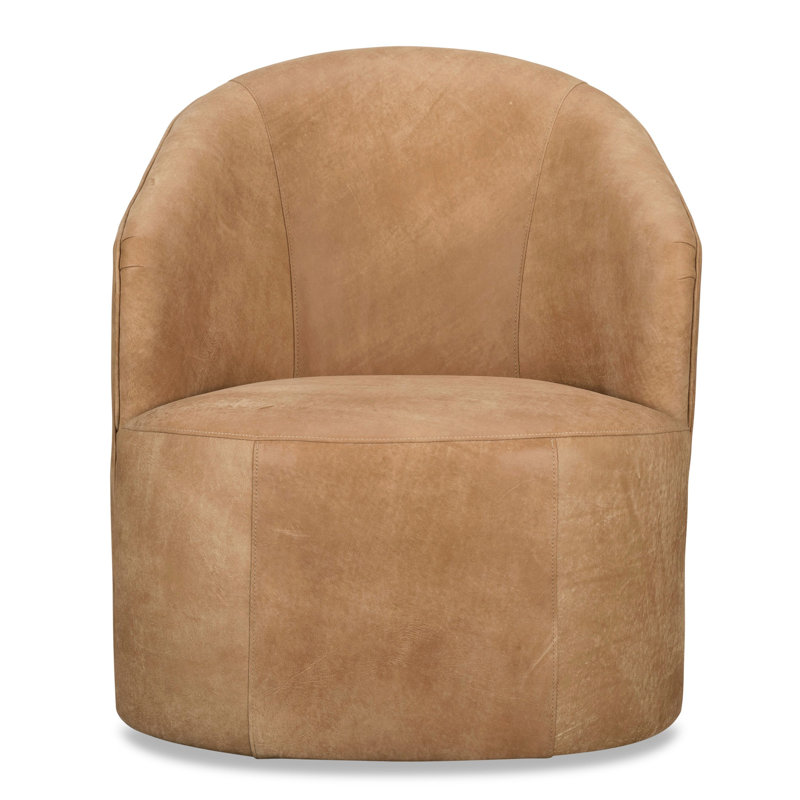 Fauteuil demi-tonneau pivotant en cuir Deryn, Cuir véritable brun moyen Bistro