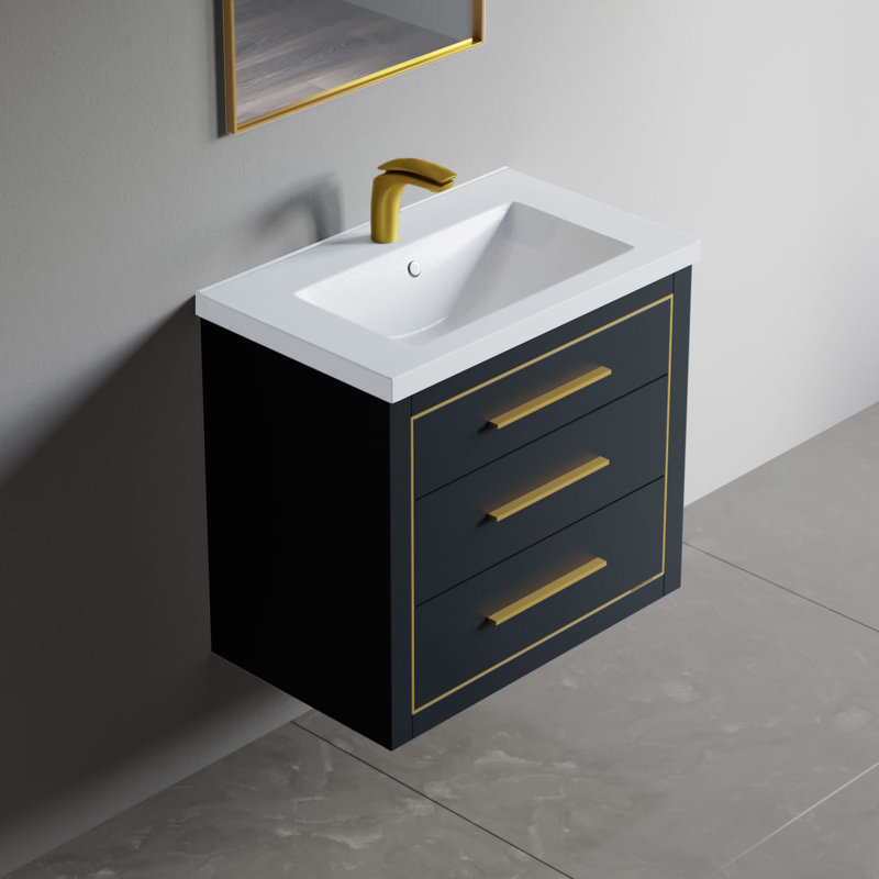 Damaiya 29.4 " W Free Standing Wall Mounted 1 Single Vanity Bathroom Vanity With Ceramic Top, Charcoal, Brass