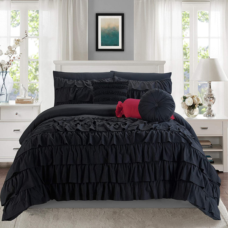 Elegant Comfort Ring Stitch Comforter, Black, Twin Comforter + 7 Additional Pieces