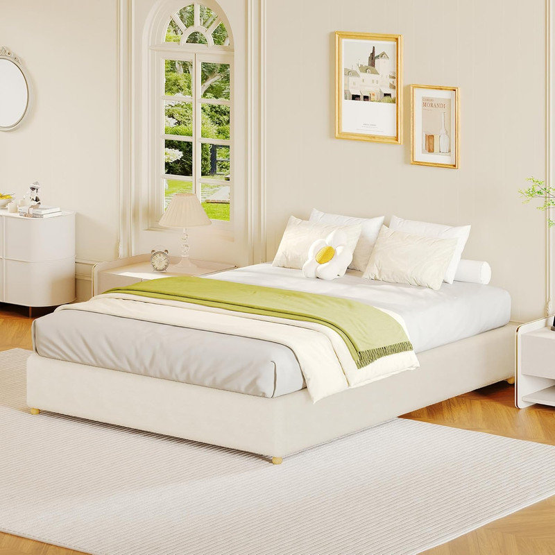 Structure de lit Cloud, lit plateforme tapissier en velours côtelé avec pattes en bois massif, Beige, Grand lit
