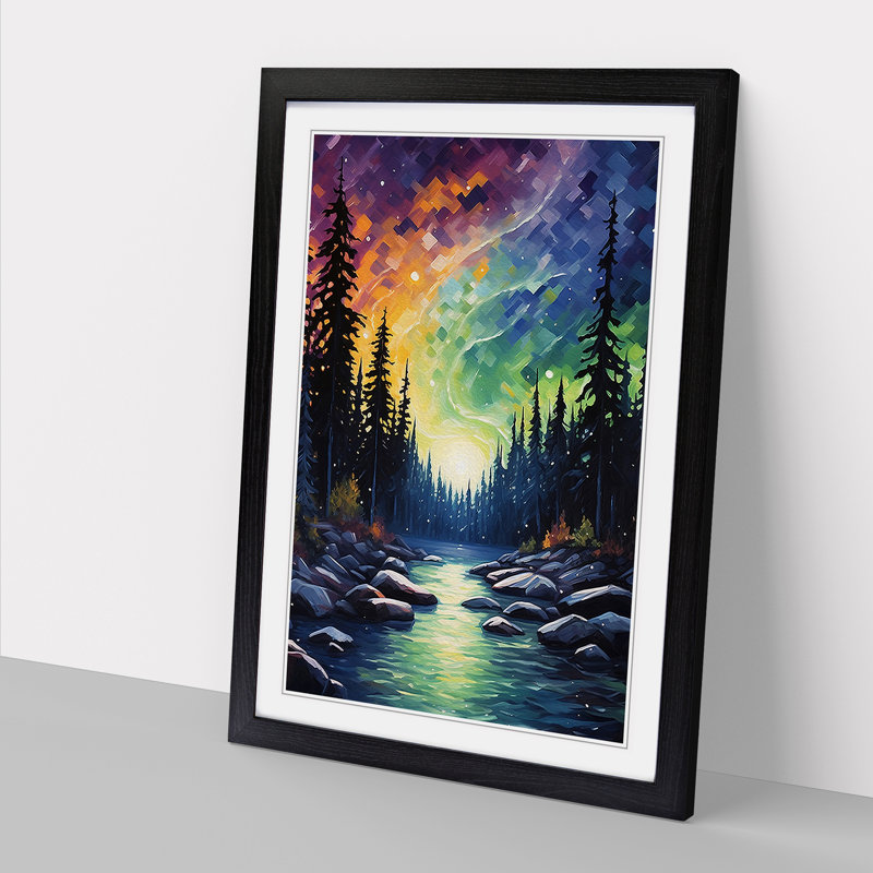 Northern Lights Impressionism - Single Picture Frame Print on Wood, 46cm H x 34cm W x 2cm D, Black