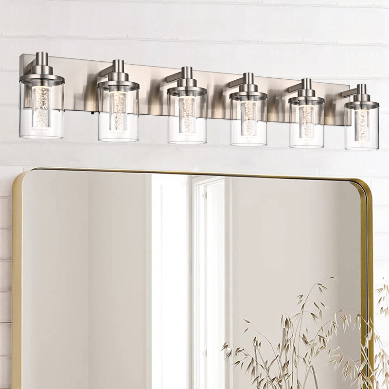 Éclairage de salle de bain noir 6 lumières avec 5 modes de couleur (3000K / 3500K / 4500K / 5000K / 6000K), luminaire de salle de bain à DEL avec protection oculaire, applique murale moderne à intensité variable sur miroir avec abat-jour en verre transparent