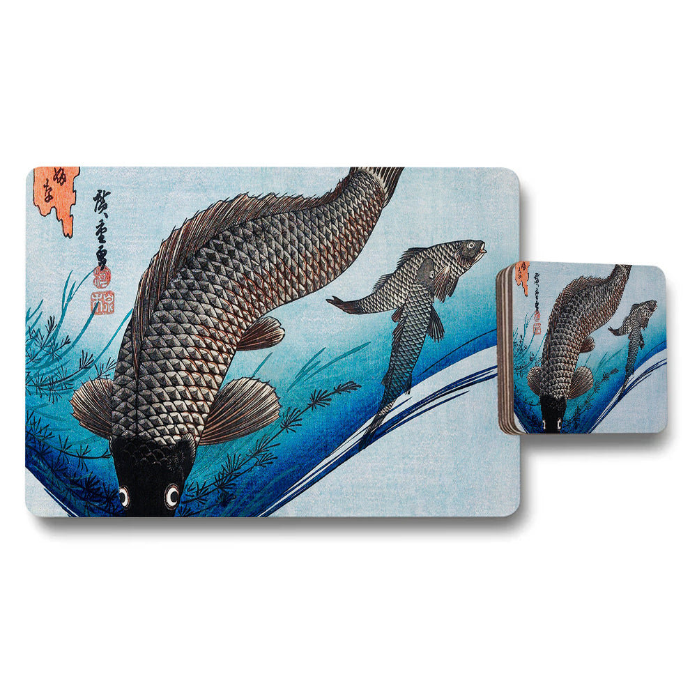 Koi Fish Placemats And Coaster Set With Ocean Blue Artwork