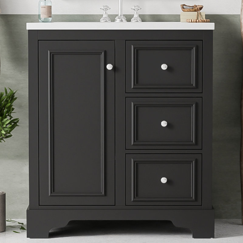 Armoire de meuble-lavabo 30 po avec lavabo en céramique, 3 tiroirs et tablettes réglables, Noir