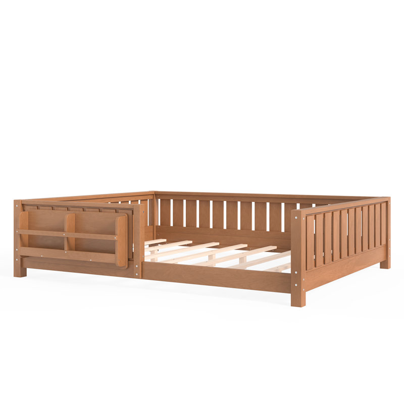 Queen Size Kids Floor Bed With Fence And Built-in Bookshelf,Queen Size Montessori Floor Bed With Slats And Safety Guardrail,Easy Assemble Montessori Beds for Kids,Natural Floor Beds