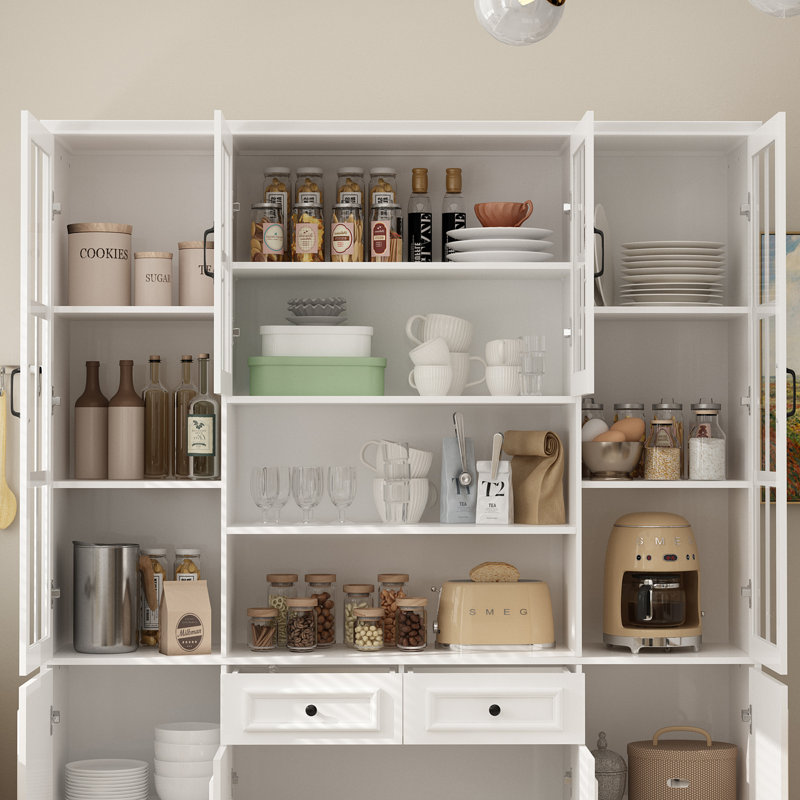 Armoire garde-manger à sections multiples H 78,7 po avec portes vitrées, tiroirs et rangement fermé Brampt - Finition blanche