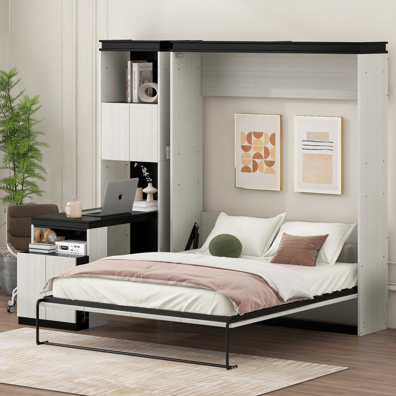 Lit escamotable double avec bureau, tablettes et armoires de rangement, noir et blanc