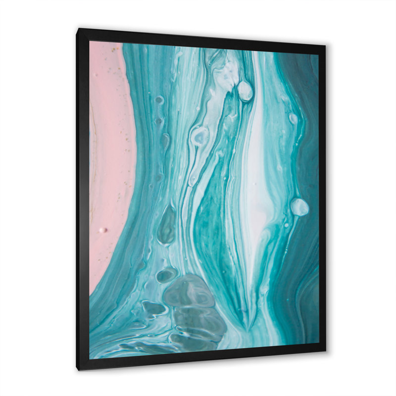 Marbre luxueux turquoise fluide Art III - décoration murale moderne sur toile, H 36 po x l 24 po x P 1 po, Cadre photo noir