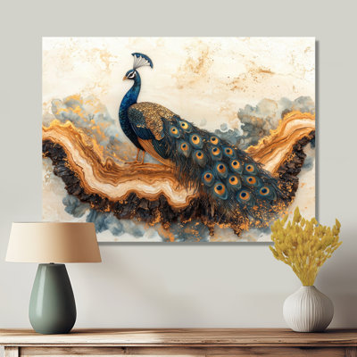 «Golden Aqua and Wood Peacock Landscape I», reproduction d'art moderne en métal, décoration murale paon en métal