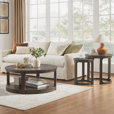 (1 Coffee Table+1 Side Table)Large Curved 2 Tier Traditional Round Circle Wooden Center Coffee Table Set,Mid Century Rounded Table ,Rustic Style Sidetable For Living Room,Office,Apartment