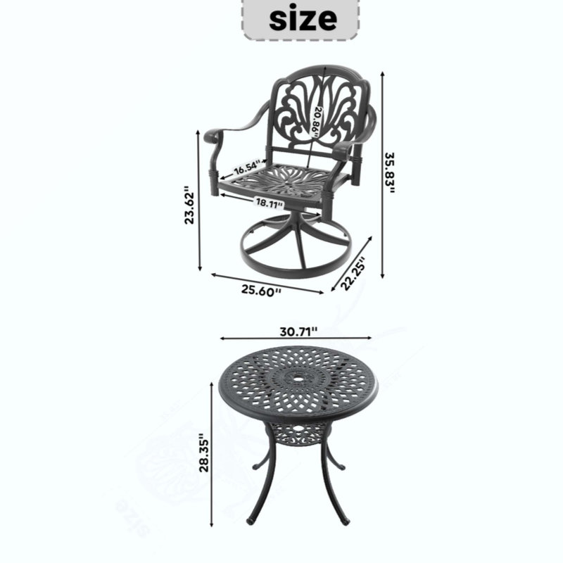 3-Piece All-Weather Cast Aluminum Dining Set, Include 2 Swivel Chairs And Round Table With Frame, 3 Pieces: Table, 2 Chairs
