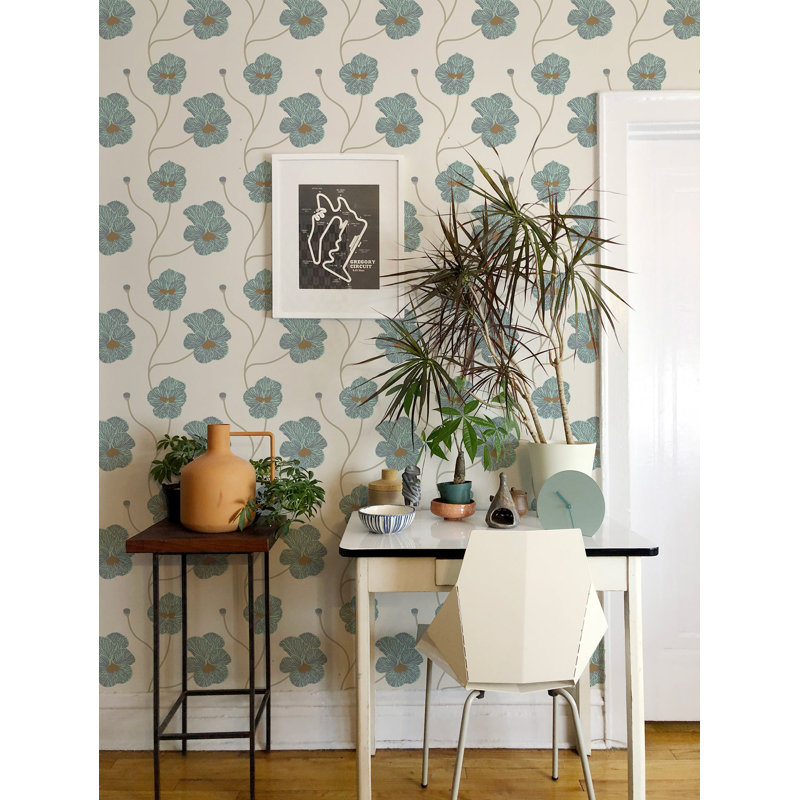 Natalie Papier Floral Wallpaper Roll, Teal/Gray