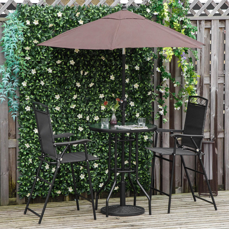 4 Piece Outdoor Patio Dining Furniture Set, 2 Folding Chairs, Adjustable Angle Umbrella, Wave Textured Tempered Glass Dinner Table