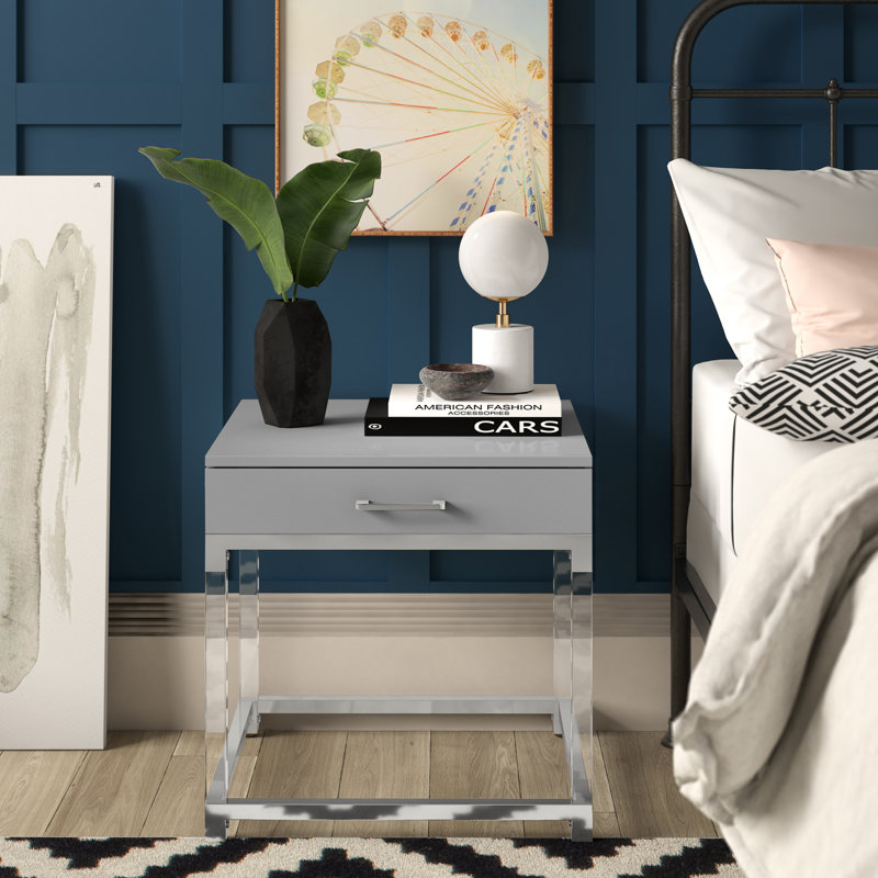 Ungar End Table with Storage, Light Gray, Chrome