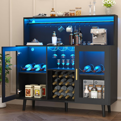 Wine Bar Cabinet With Led Light, Coffee Cabinet With Wine Rack And Glass Holder, Home Liquor Cabinet With Adjustable Shelf And Acrylic Door, Buffet Si by George Oliver