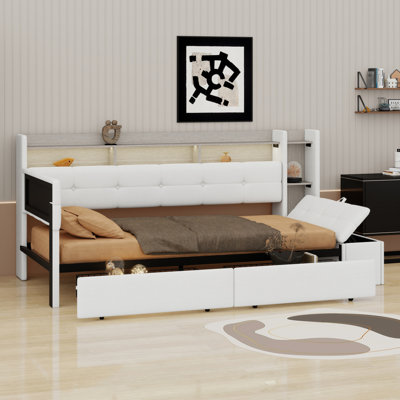 Modern Upholstered Daybed with Storage Footstool, Built-In Shelves, Two Drawers,and LED Light