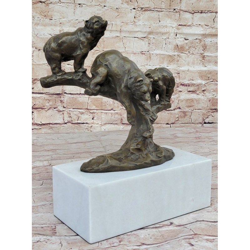Bronze Bear Family Sculpture on Marble Base