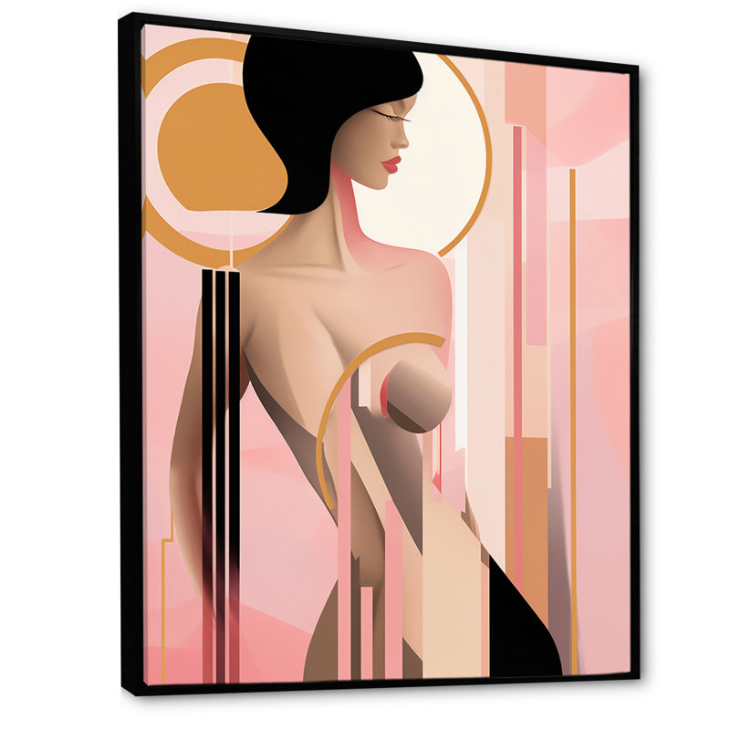 Sensuelle élégance Art nouveau femme rose et or I - impression, H 32 po x l 16 po x P 1 po, Cadre flottant noir