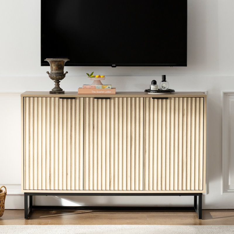 Fluted Sideboard Buffet Cabinet With 3 Doors,Accent Cabinet With Adjustable Shelves For Living Room, Light Oak