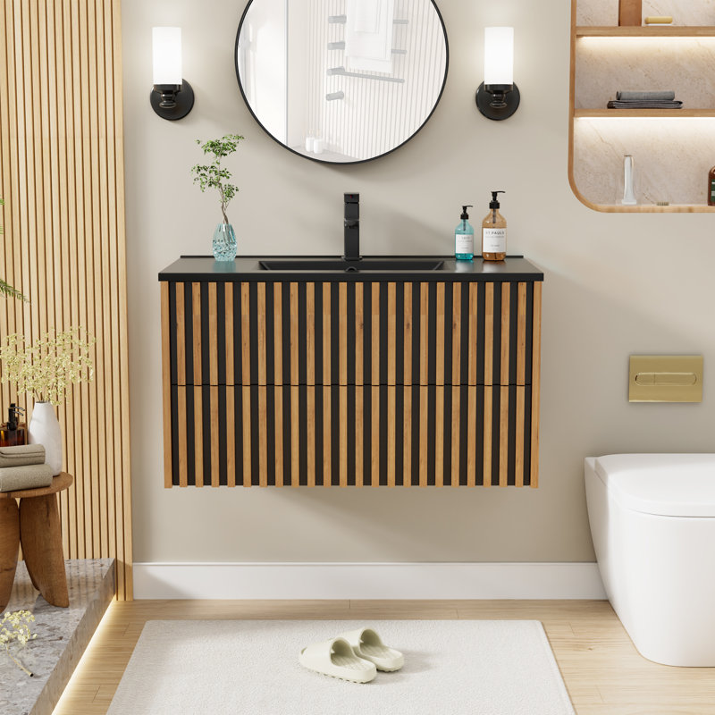 36" Modern Farmhouse Single Bathroom Vanity Set With Black Sink Top, Faucet, Floating Cabinet Assembly Required, Oak