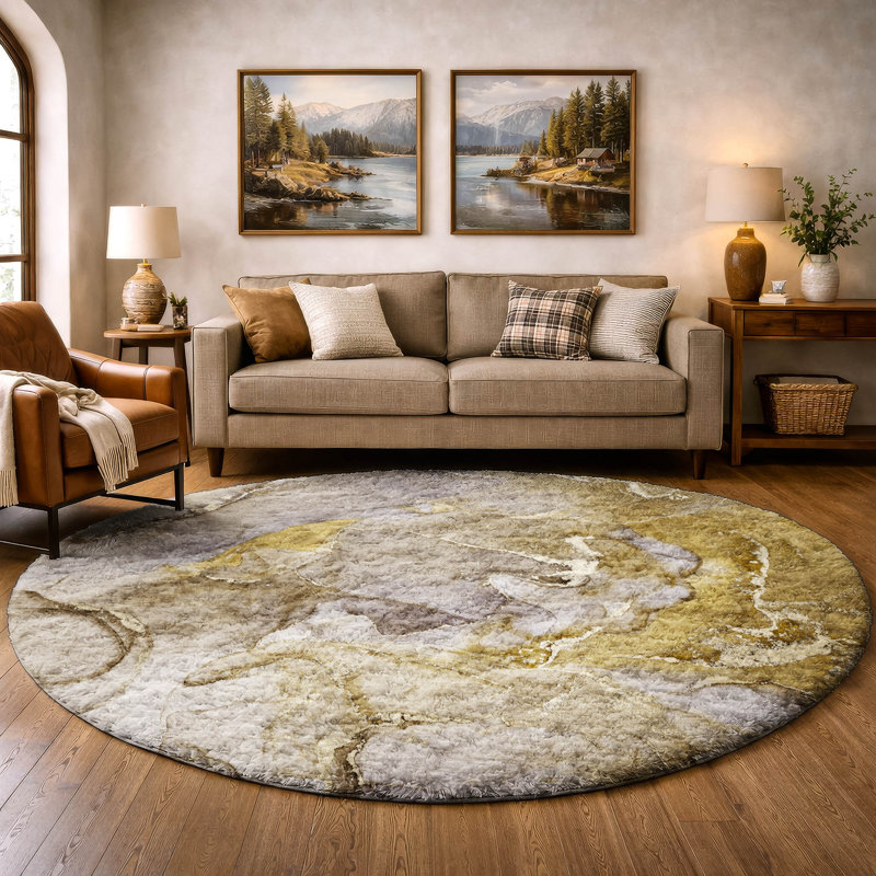 Tapis de qualité supérieure lavable à la machine Dream Shag ADS500 Watercolors, Taupe, Rond 8 pi