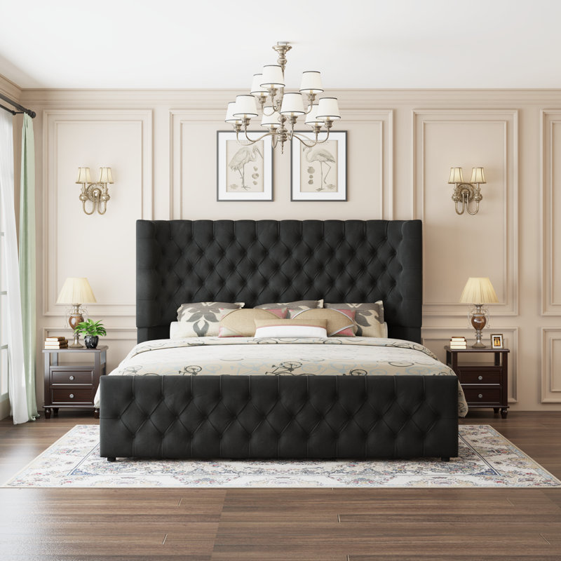 Deep Tufted Headboard Upholstered Wingback Bed, Black, Queen