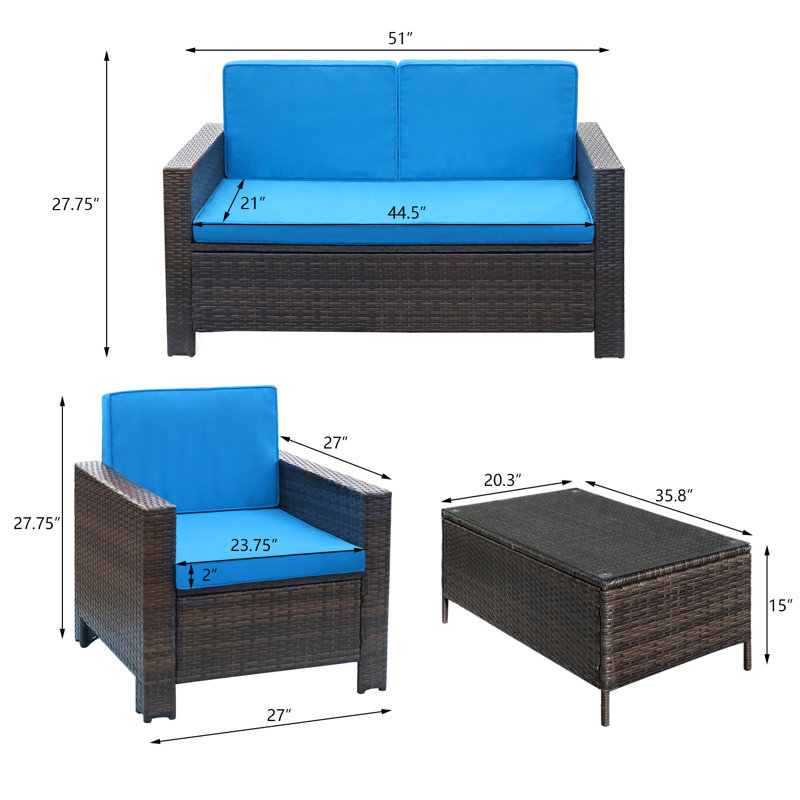 Finnmark 4 - Person Patio Conversation Set with Cushions, Brown, Blue