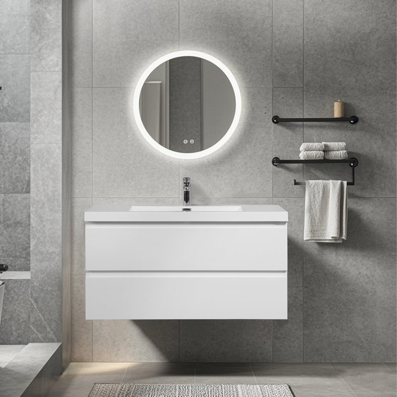 42-Inch Gloss White Wall-Mounted Floating Bath Vanity With Single White Solid Surface Sink Top, White