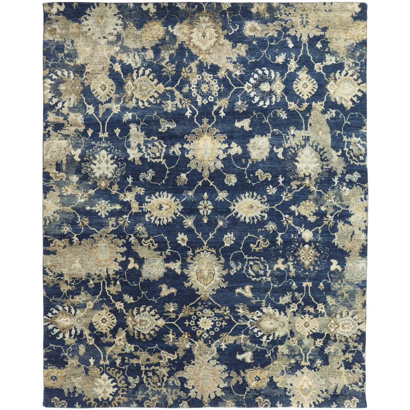 Dassiah Hand Knotted Wool Floral Area Rug in Blue, Rectangle 8' x 10'