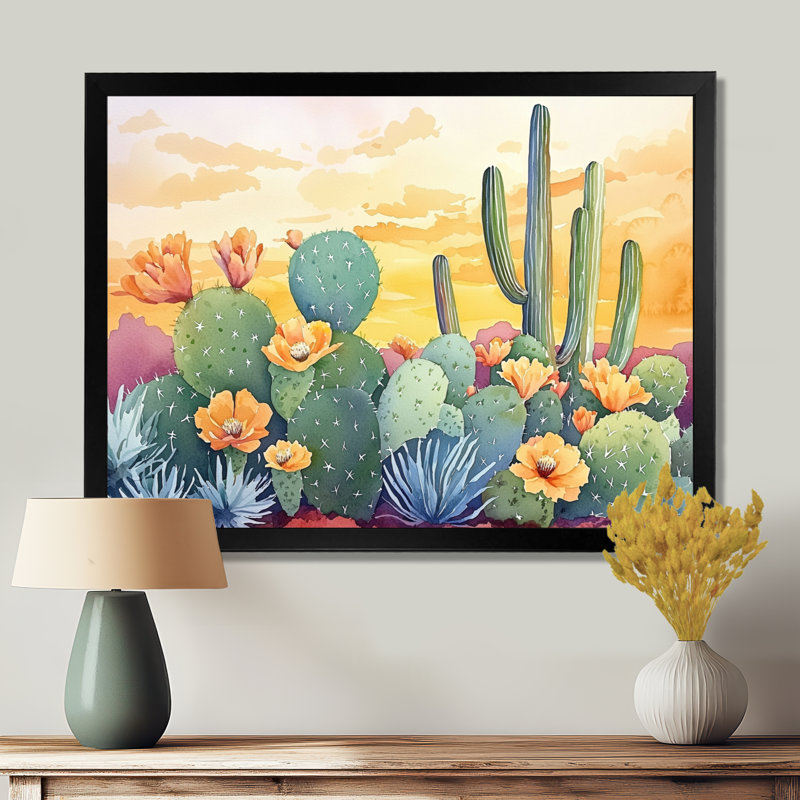 Cactus paysage au coucher du soleil II, Picture Framed Print, Noir, H 12 po x l 20 po