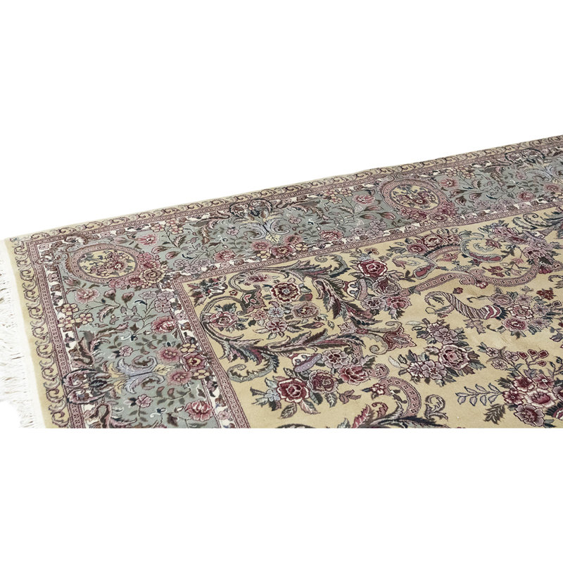Tapis unique en laine noué à la main de haute qualité de 6 pi x 9 pi vert clair / beige / ivoire