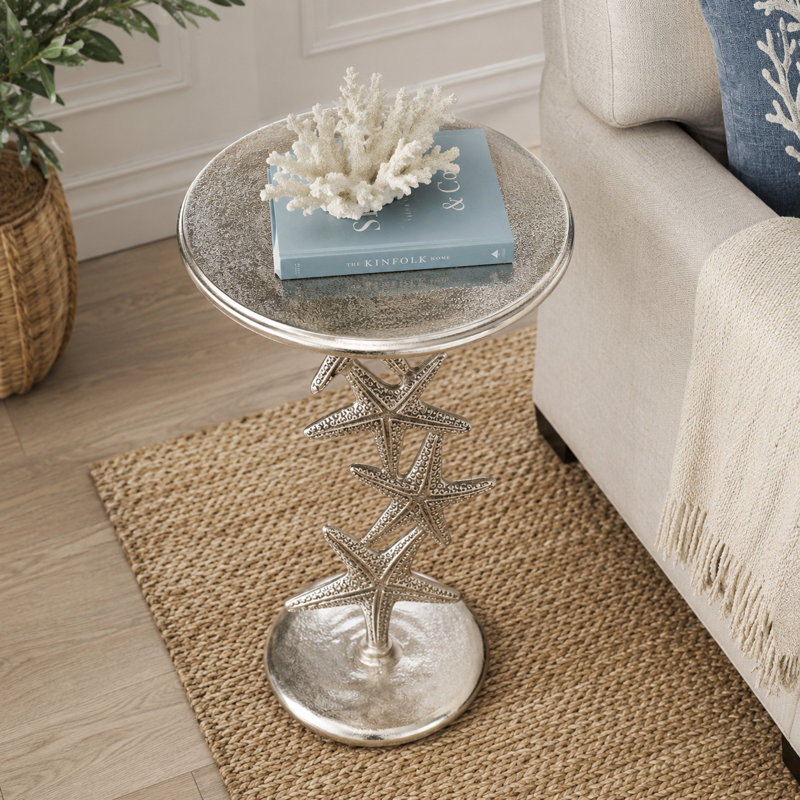 Elegant Metal Round Accent Table With Coastal Starfish Design for Bedside Table - Decorative Narrow End Table For Home And Living Room Decor - Silver