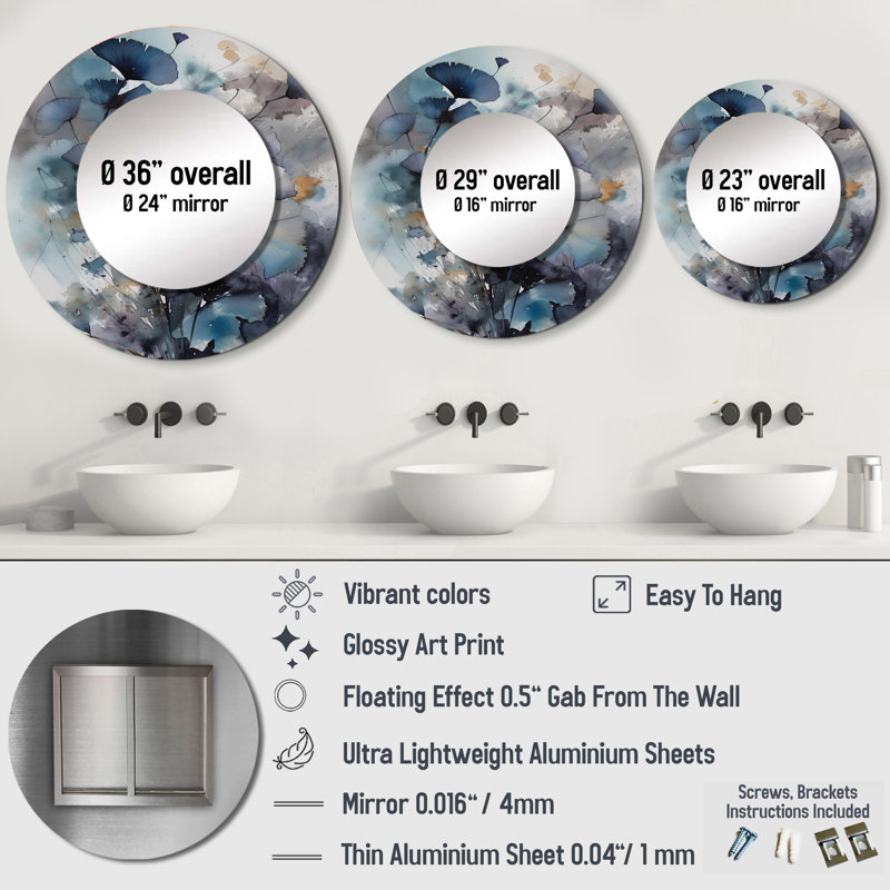 Blue And Flowers Bouquet Interpretation - Floral Bouquet Round Mirror Wall Decor_MTMIR62561, 23 po x 23 po