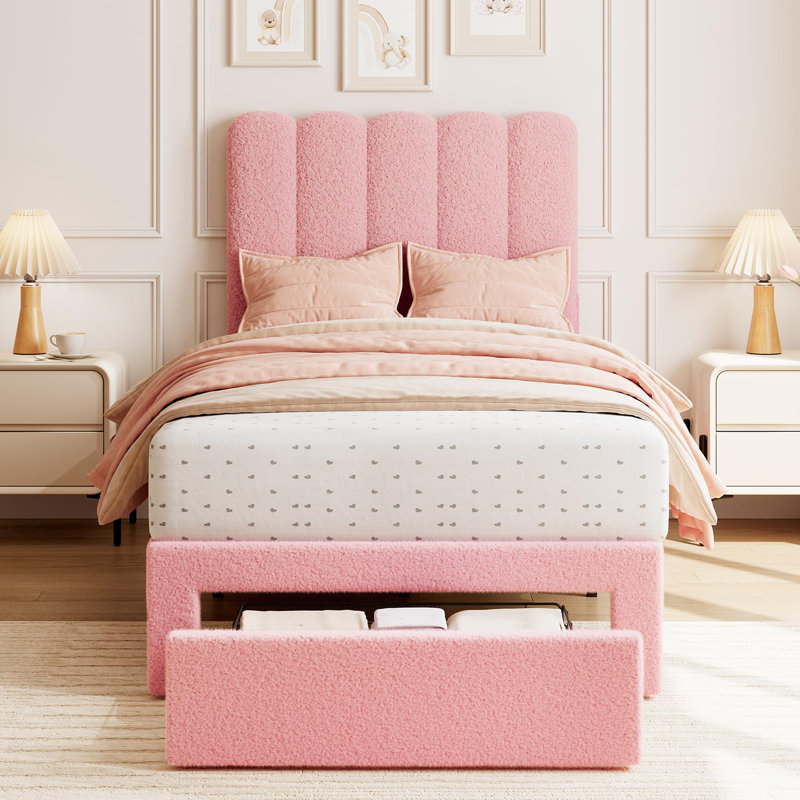 Structure de lit simple avec tiroir sous le lit, lit plateforme tapissier avec tête de lit Wave pour enfants / filles