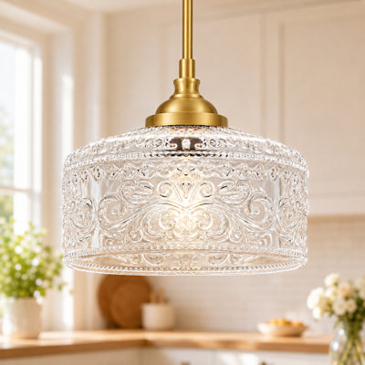 Gold  1-Light Pendant Light Adjustable Height Ceiling Hanging Fixture with Clear Embossed Glass Shade