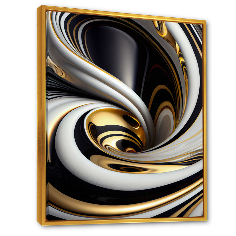Or noir et blanc vitrail I - abstrait spirales sur toile, art mural, H 32 po x l 16 po, Toile avec cadre flottant, Doré