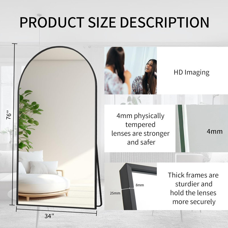 Large Arched Full Length Mirror with Stand, Wall Mounting Full Body Tempered Mirror, Metal Frame Full-Length Mirror for Living Room, Bedroom