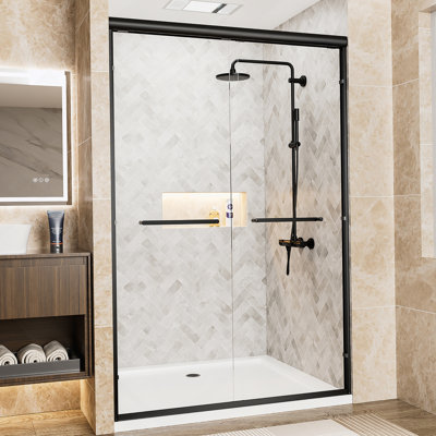 Aluminum Frame Double Sliding Shower Door, Tempered Glass Shower Door With Explosion-Proof Film And Stainless Steel Handles