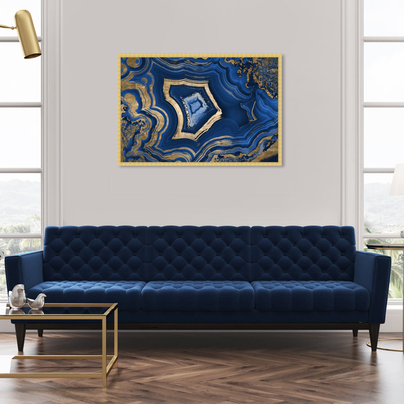 «Blue and Gold Abstract Geode» par Oliver Gal - reproduction, H 32 po x l 32 po, Cadre doré