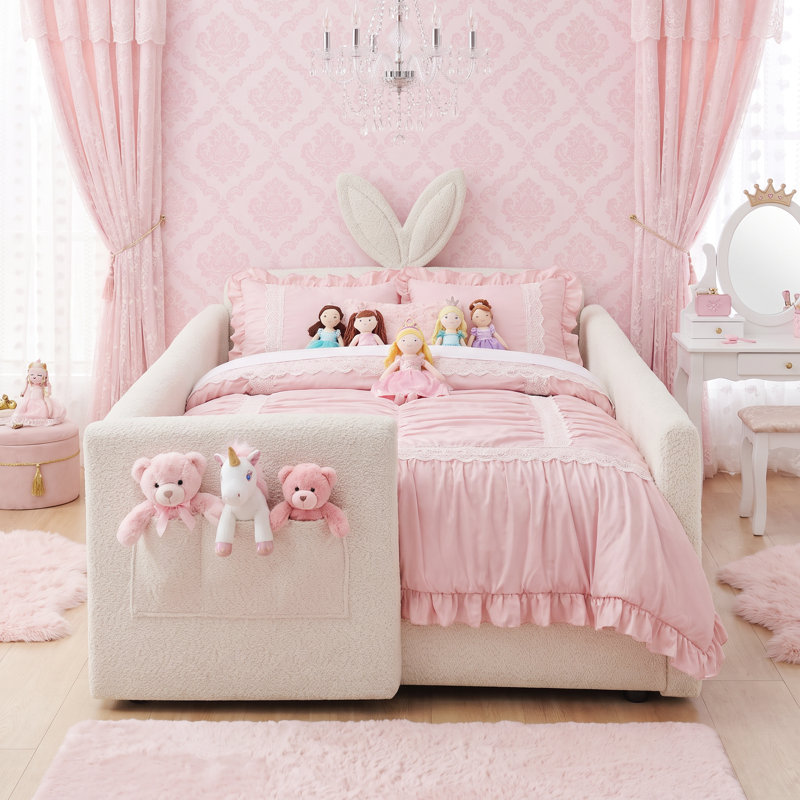 Lit plateforme simple à boucles, tête de lit Bunny Ear, barrière de sécurité et poche de rangement latérale, Beige