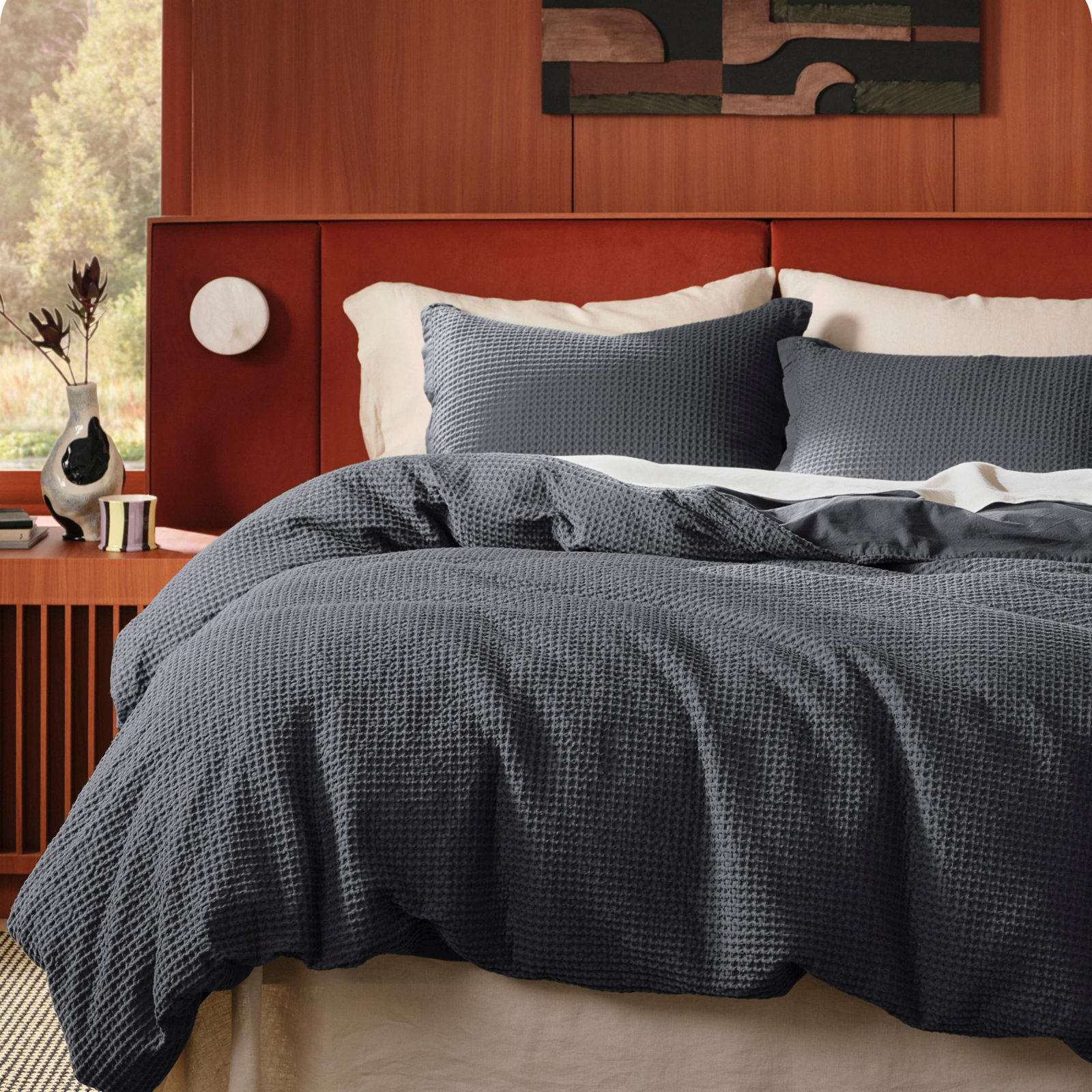 Bedsure Luxury Soft 100% Cotton Waffle Weave Plaid Duvet Cover, Queen Duvet Cover + 2 Standard Shams, Charcoal