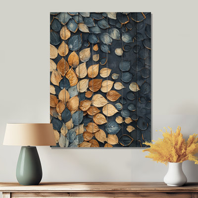 Lumineux vortex doré et bleu feuilles I - Art mural traditionnel sur bois de pin naturel