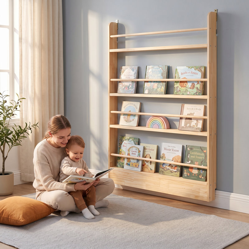 Wall Bookshelf, 38"W x 47"H, 4-Tier Unfinished Pine, Slim Floating Shelf for Kids' Rooms, Natural Wood