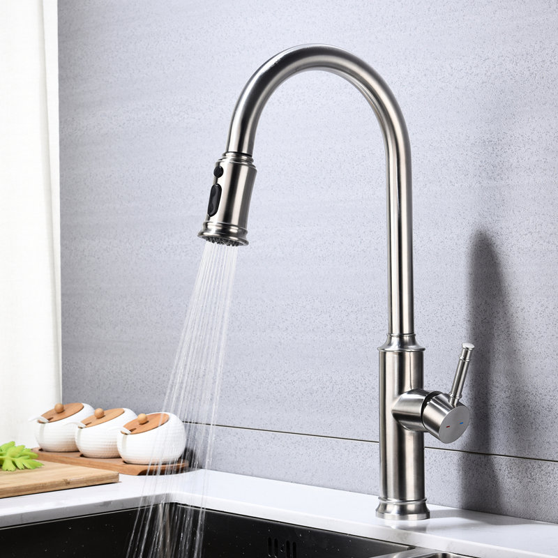 Brushed Nickel Pull Out Spray Kitchen Faucet, Stainless Steel Made, 360 Rotating Nozzle For Smooth Water Flow, Corrosion And Rust Treatment, Single Handle Temperature Control Feature Quality, Ease Of