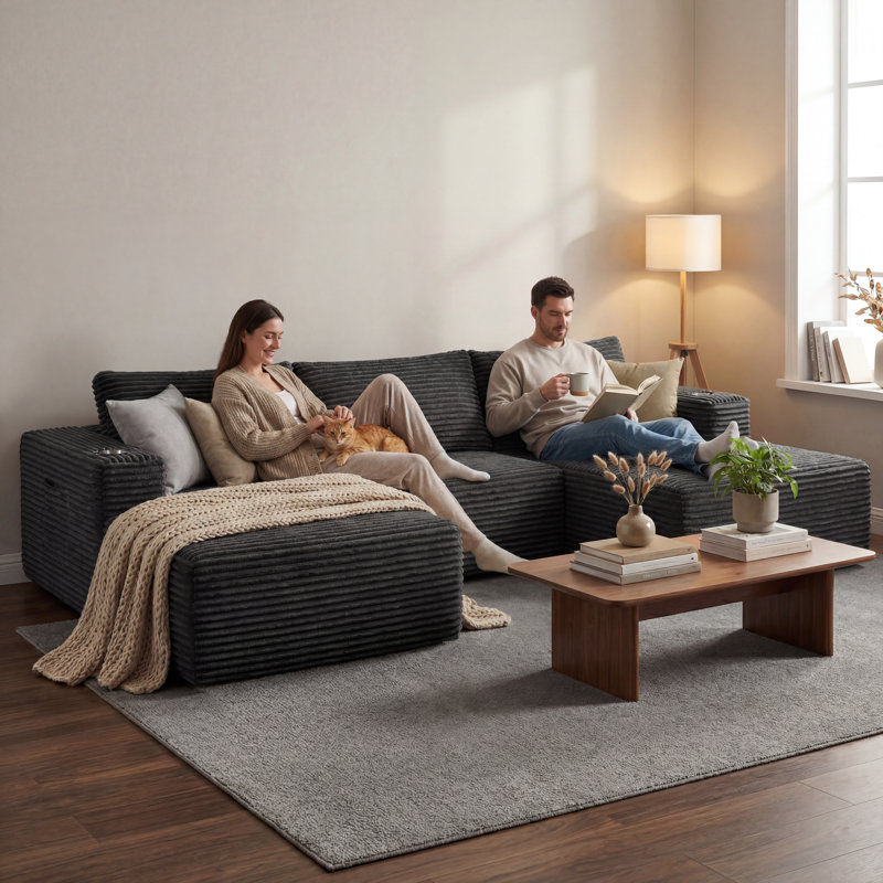 108" Left Hand Facing Corner Sectional With Chaise And Ottoman Corduroy Upholstered Boneless Compression L-Shaped Sofa